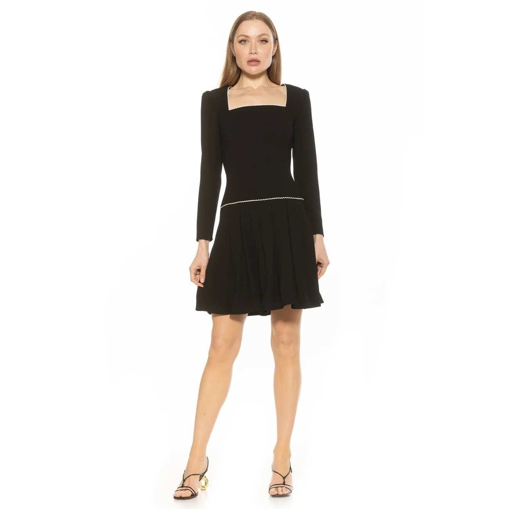 Alexia Admor Womens Ash Dress Size 8 Black Ric Rac Trim Pleated Long Sleeve
